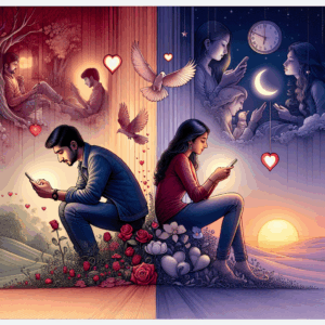 A romantic scene with a couple texting each other throughout the day, surrounded by little love symbols. The background shows different times of the day, symbolizing constant communication and affection.