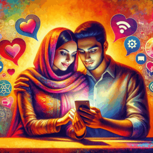 A lively illustration of a couple engaging with each other through a smartphone, surrounded by icons representing love, communication, and technology, in a warm and romantic setting.