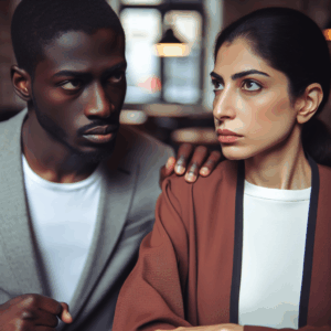 A tense conversation between a confident woman and a manipulative man, in a modern setting with expressions of disbelief and insight. The woman appears strong and aware, while the man is subtly insidious. The background shows a neutral urban coffee shop environment.