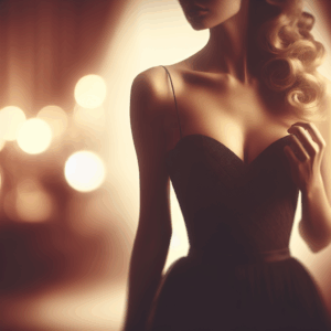 A tasteful, artistic portrayal of a woman's silhouette with an emphasis on her chest, emphasizing sensuality and elegance, blurred background to maintain anonymity, soft lighting to create a warm atmosphere.