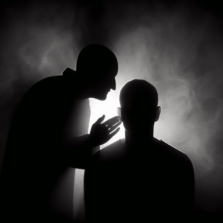 A dark, moody illustration showing a shadowy figure whispering manipulative phrases into someone's ear, symbolizing psychological manipulation and control.