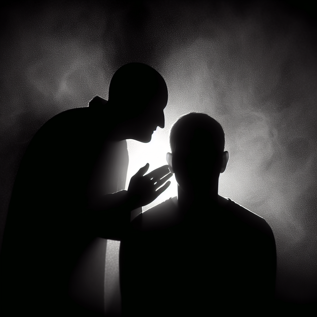 A dark, moody illustration showing a shadowy figure whispering manipulative phrases into someone's ear, symbolizing psychological manipulation and control.