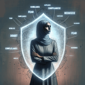 An illustration showing a person standing strong and confident, with manipulative phrases floating around them, symbolizing resilience against psychological manipulation.