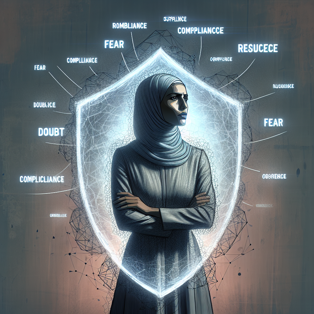 An illustration showing a person standing strong and confident, with manipulative phrases floating around them, symbolizing resilience against psychological manipulation.