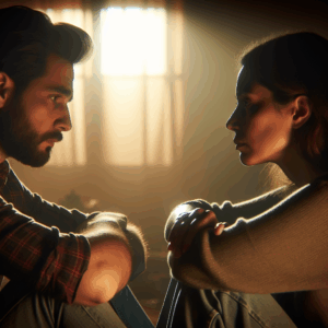 A compassionate and respectful breakup conversation, illustrating empathy and understanding between partners, set in a calm and peaceful atmosphere.