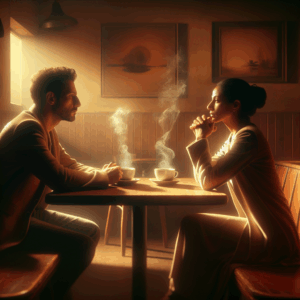 A peaceful image of two people having a calm and respectful conversation in a cozy cafe, symbolizing understanding and closure during a breakup.