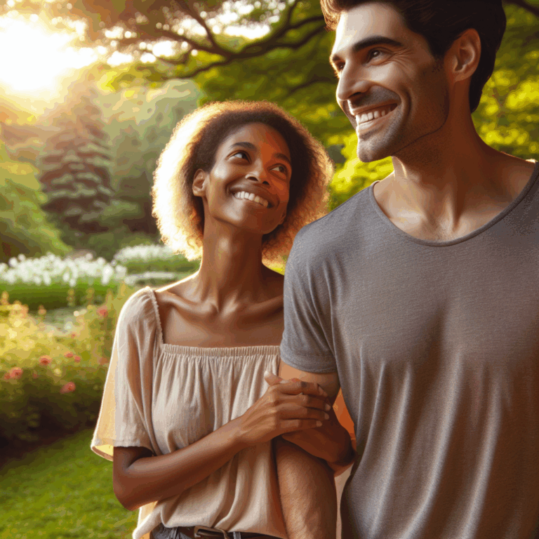 A romantic couple of different ages, happily walking together in a park. The younger partner is smiling while looking up at the older partner. Bright sunlight illuminates their faces, enhancing the joy and connection between them, set against a beautiful, lush park backdrop.