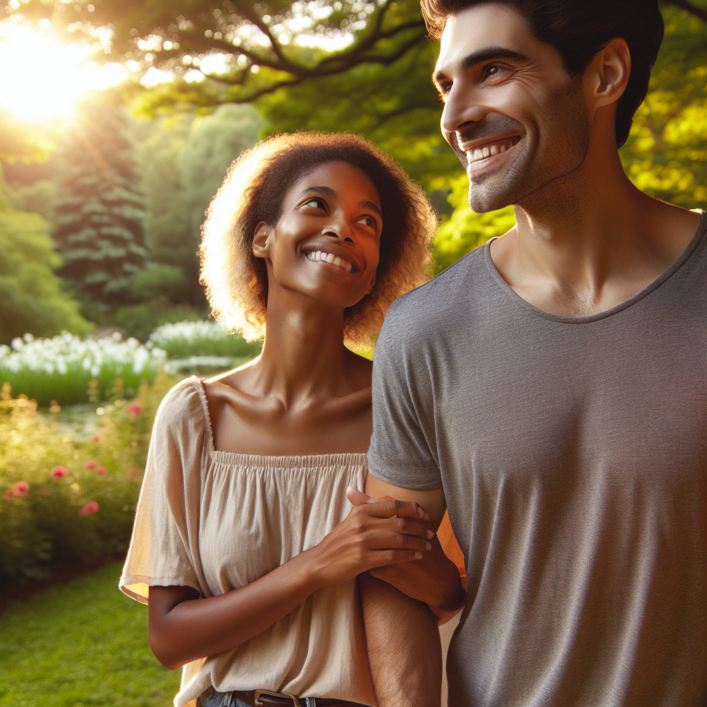A romantic couple of different ages, happily walking together in a park. The younger partner is smiling while looking up at the older partner. Bright sunlight illuminates their faces, enhancing the joy and connection between them, set against a beautiful, lush park backdrop.