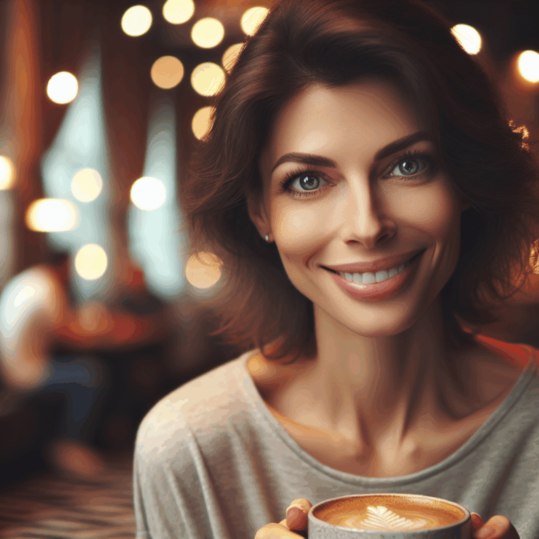 A woman smiling warmly with sparkling eyes in a cozy café setting, surrounded by soft, romantic lighting.