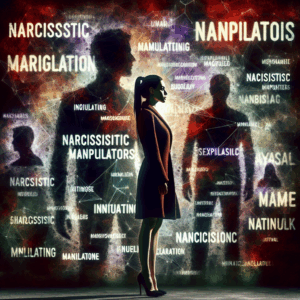 Image conceptuelle représentant une femme debout, entourée de silhouettes floues symbolisant des manipulateurs narcissiques, avec des phrases intimidantes écrites de manière stylisée autour d'elle. L'arrière-plan est un mélange de couleurs sombres et lumineuses pour symboliser le contraste entre la manipulation et la clarté mentale.