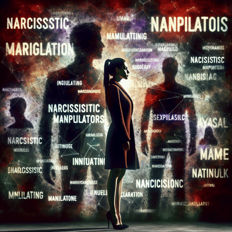 Image conceptuelle représentant une femme debout, entourée de silhouettes floues symbolisant des manipulateurs narcissiques, avec des phrases intimidantes écrites de manière stylisée autour d'elle. L'arrière-plan est un mélange de couleurs sombres et lumineuses pour symboliser le contraste entre la manipulation et la clarté mentale.