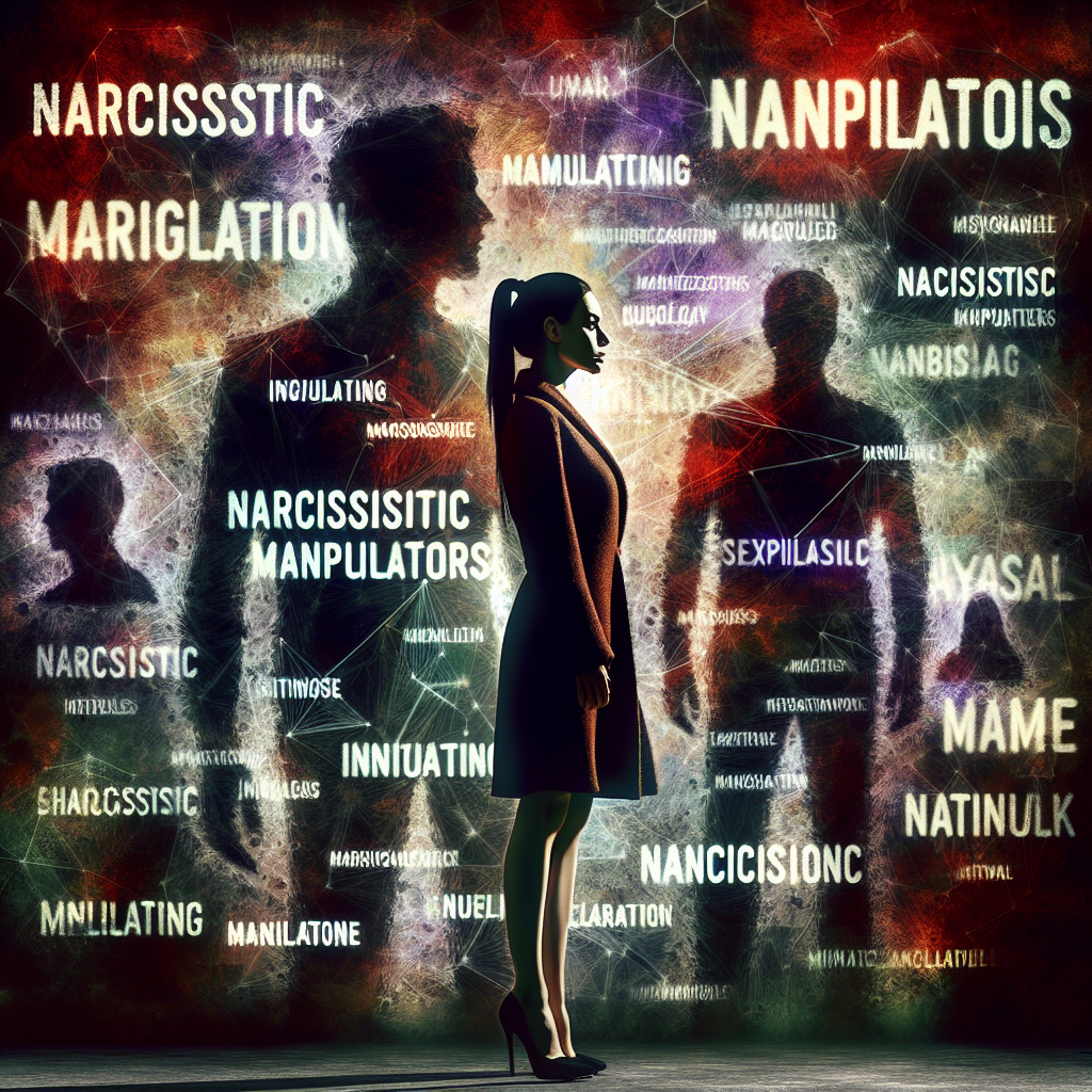 Image conceptuelle représentant une femme debout, entourée de silhouettes floues symbolisant des manipulateurs narcissiques, avec des phrases intimidantes écrites de manière stylisée autour d'elle. L'arrière-plan est un mélange de couleurs sombres et lumineuses pour symboliser le contraste entre la manipulation et la clarté mentale.