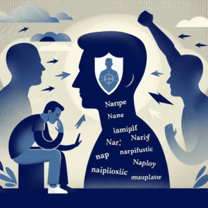 Illustration d'une personne se défendant calmement contre des paroles accusatrices, symbolisant la force intérieure face à la manipulation psychologique, avec des silhouettes en arrière-plan représentant des manipulateurs narcissiques.