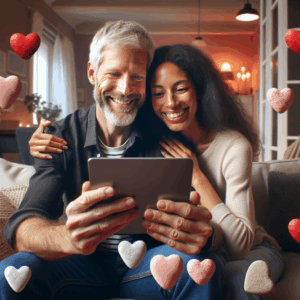A couple sitting together, smiling and looking at a tablet, surrounded by heart emojis and small stones symbolizing affection, set in a cozy living room.