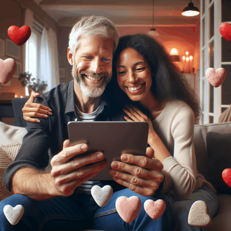 A couple sitting together, smiling and looking at a tablet, surrounded by heart emojis and small stones symbolizing affection, set in a cozy living room.