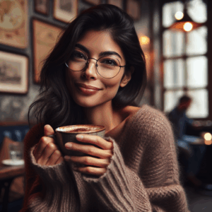 A confident, modern woman with a thoughtful expression, surrounded by soft, pastel-toned symbols of romance like hearts and flowers, with a subtle glow around her to emphasize warmth and affection.