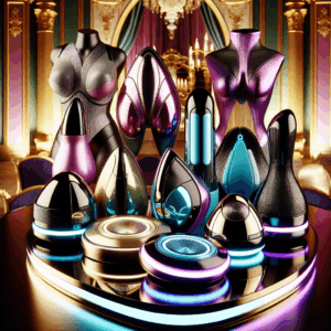 A futuristic and stylish collection of diverse sex toys in vibrant colors, including sleek designs and innovative forms, set against a luxurious background. The image should convey elegance, intimacy, and modern technology.