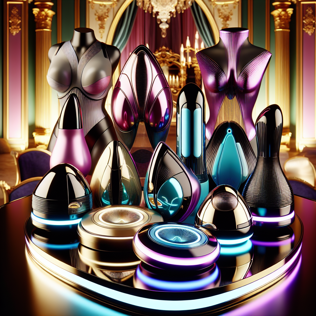 A futuristic and stylish collection of diverse sex toys in vibrant colors, including sleek designs and innovative forms, set against a luxurious background. The image should convey elegance, intimacy, and modern technology.