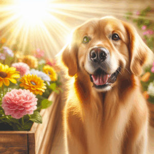 A joyful and dedicated golden retriever dog representing the qualities of a devoted and caring partner, standing in a bright and cheerful environment, symbolizing happiness and companionship.
