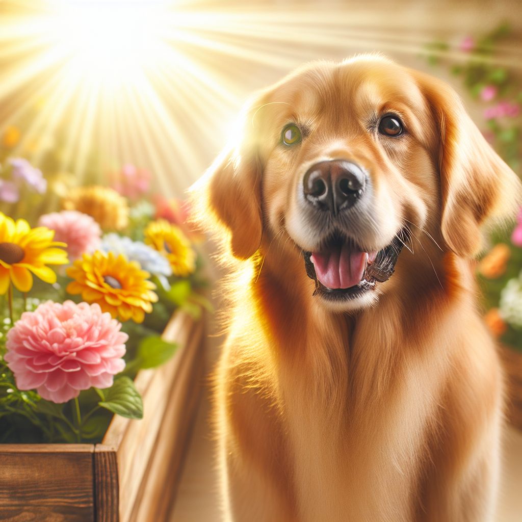A joyful and dedicated golden retriever dog representing the qualities of a devoted and caring partner, standing in a bright and cheerful environment, symbolizing happiness and companionship.