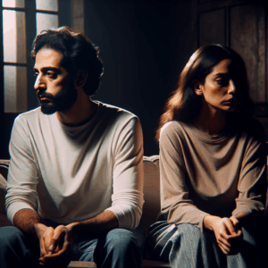 A couple sitting on a sofa, looking away from each other, somber expressions, dimly lit room, symbolizing emotional distance, breakup theme, intimate and contemplative atmosphere.
