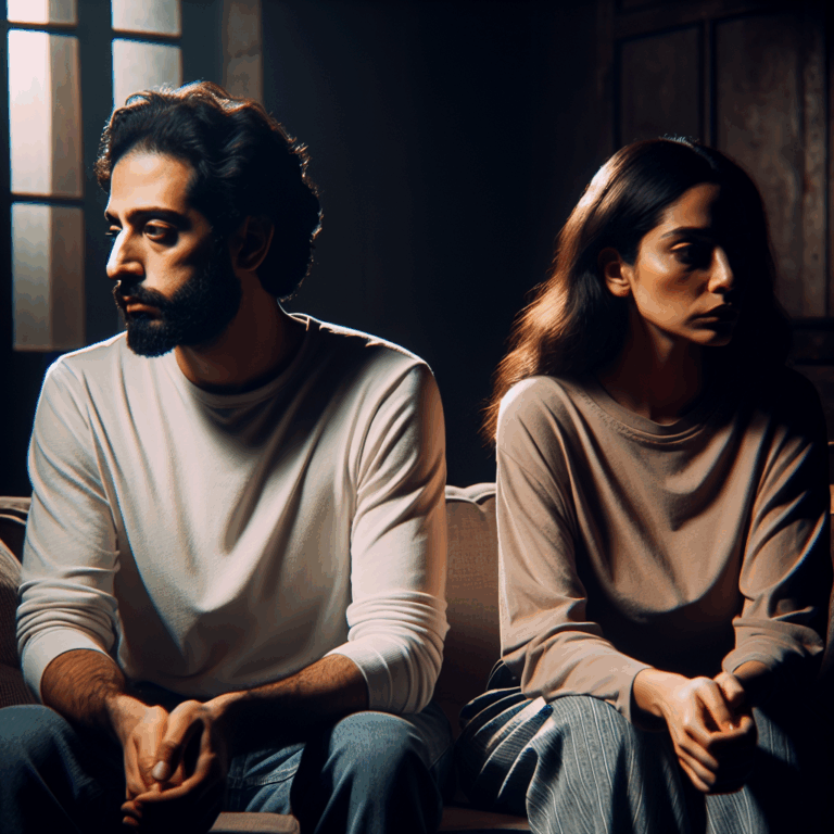 A couple sitting on a sofa, looking away from each other, somber expressions, dimly lit room, symbolizing emotional distance, breakup theme, intimate and contemplative atmosphere.