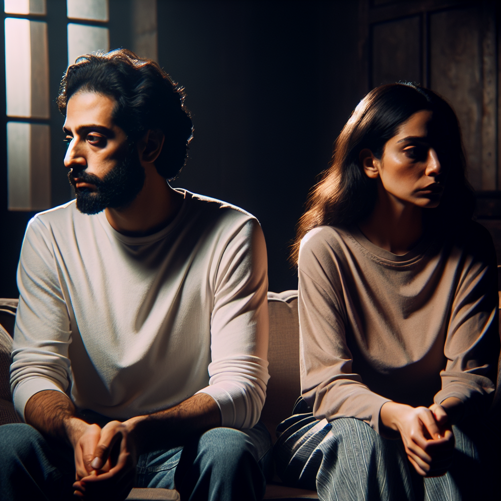A couple sitting on a sofa, looking away from each other, somber expressions, dimly lit room, symbolizing emotional distance, breakup theme, intimate and contemplative atmosphere.