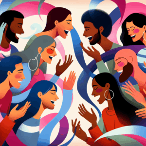 A diverse group of people from different nationalities engaging in joyful and intimate conversations, with an abstract background symbolizing sexuality and connection.