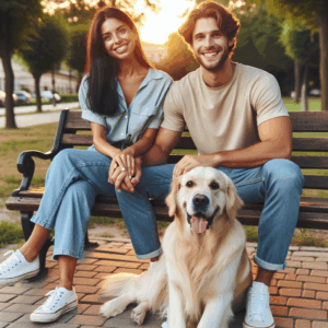 A golden retriever dog sitting happily beside a young couple sitting on a park bench, embodying themes of love, loyalty, and simplicity in relationships.