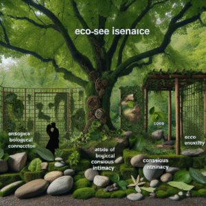 A harmonious blend of intimacy and nature with eco-friendly elements, featuring natural materials and green environments, capturing the essence of eco-sexuality and conscious intimacy.