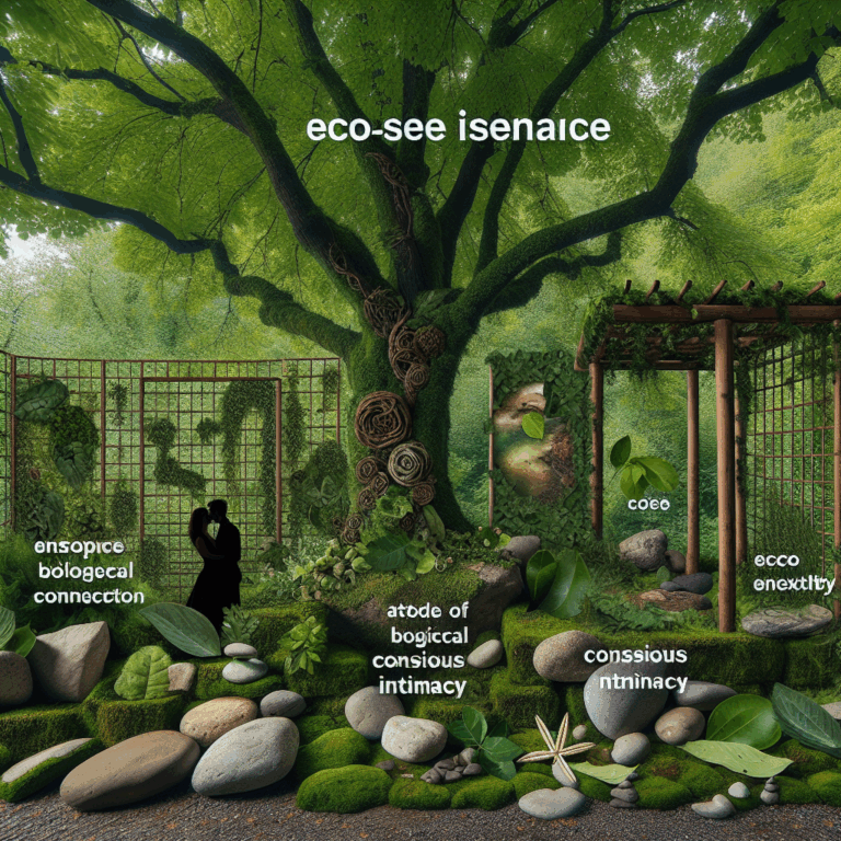 A harmonious blend of intimacy and nature with eco-friendly elements, featuring natural materials and green environments, capturing the essence of eco-sexuality and conscious intimacy.