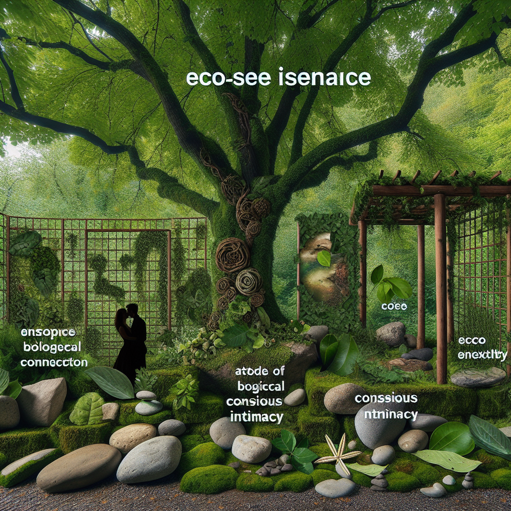 A harmonious blend of intimacy and nature with eco-friendly elements, featuring natural materials and green environments, capturing the essence of eco-sexuality and conscious intimacy.