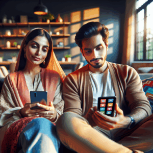 A modern couple sitting on a cozy sofa, both using different smartphones with visible app screens, surrounded by a warm, inviting living room setting. They appear happy and engaged, representing the use of mobile technology in strengthening relationships.