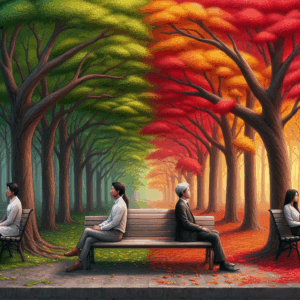 A couple sitting on a bench in a park, each looking in different directions, surrounded by trees with leaves changing colors, symbolizing different phases of a relationship.
