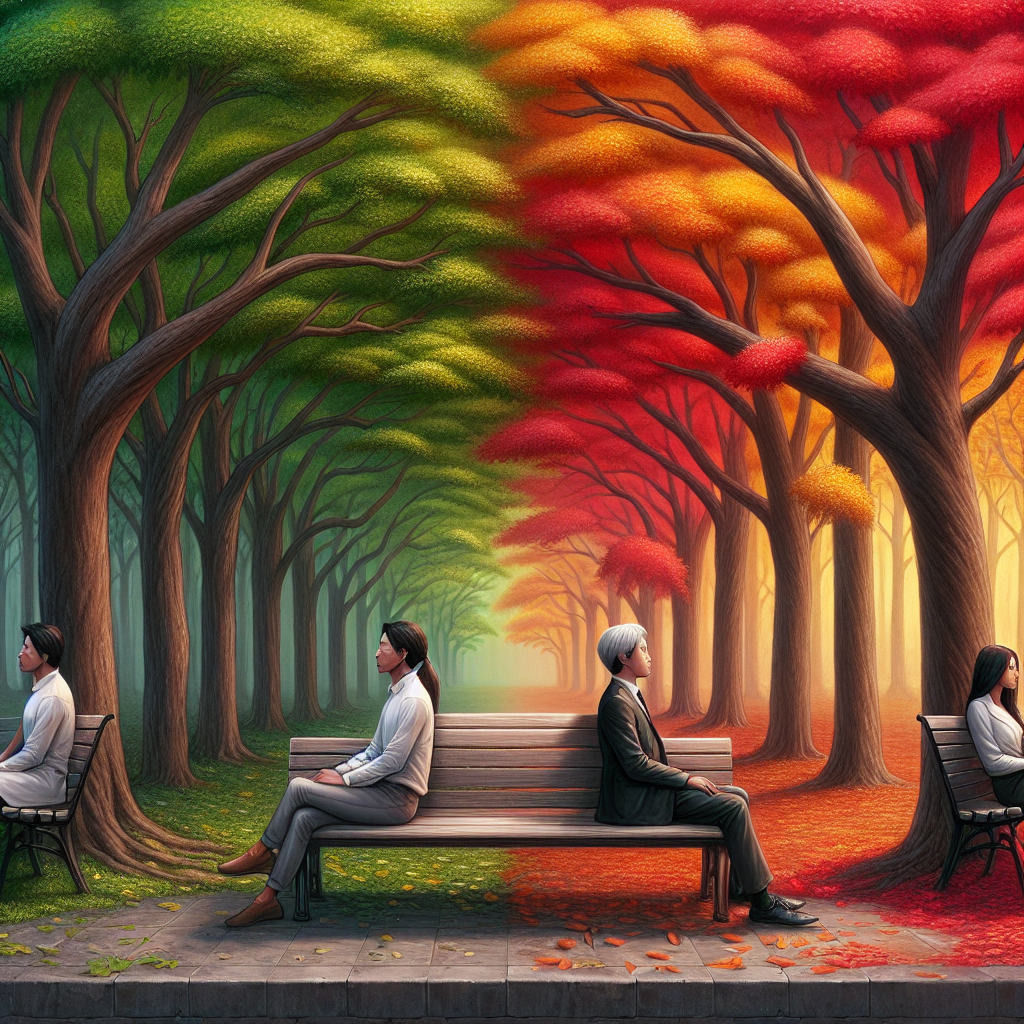 A couple sitting on a bench in a park, each looking in different directions, surrounded by trees with leaves changing colors, symbolizing different phases of a relationship.