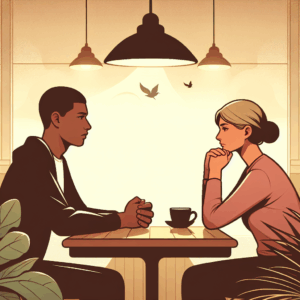 An illustration of two people sitting at a cafe, having a serious but calm conversation, symbolizing a gentle breakup. The atmosphere is serene, with warm lighting and a peaceful setting.