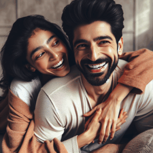 A playful and intimate scene between a couple, where one partner looks lovingly mischievous, portraying the act of gently biting the other. The scene should convey affection and humor in a cozy bedroom setting.
