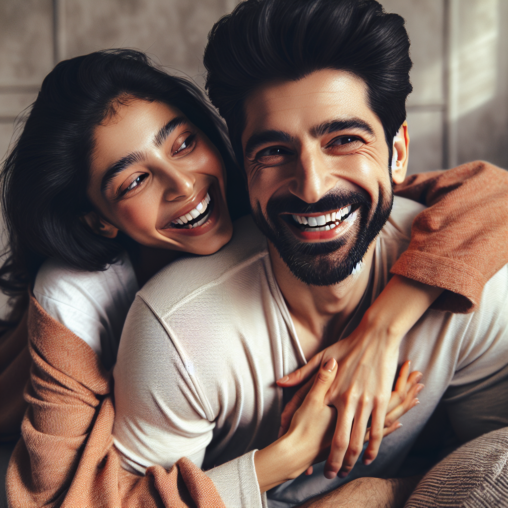 A playful and intimate scene between a couple, where one partner looks lovingly mischievous, portraying the act of gently biting the other. The scene should convey affection and humor in a cozy bedroom setting.