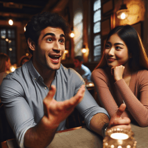 A young couple on a first date, sitting at a cozy café. One person is sharing personal stories with an expressive face, while the other listens intently. The setting is warm and intimate, with soft lighting and subtle décor.