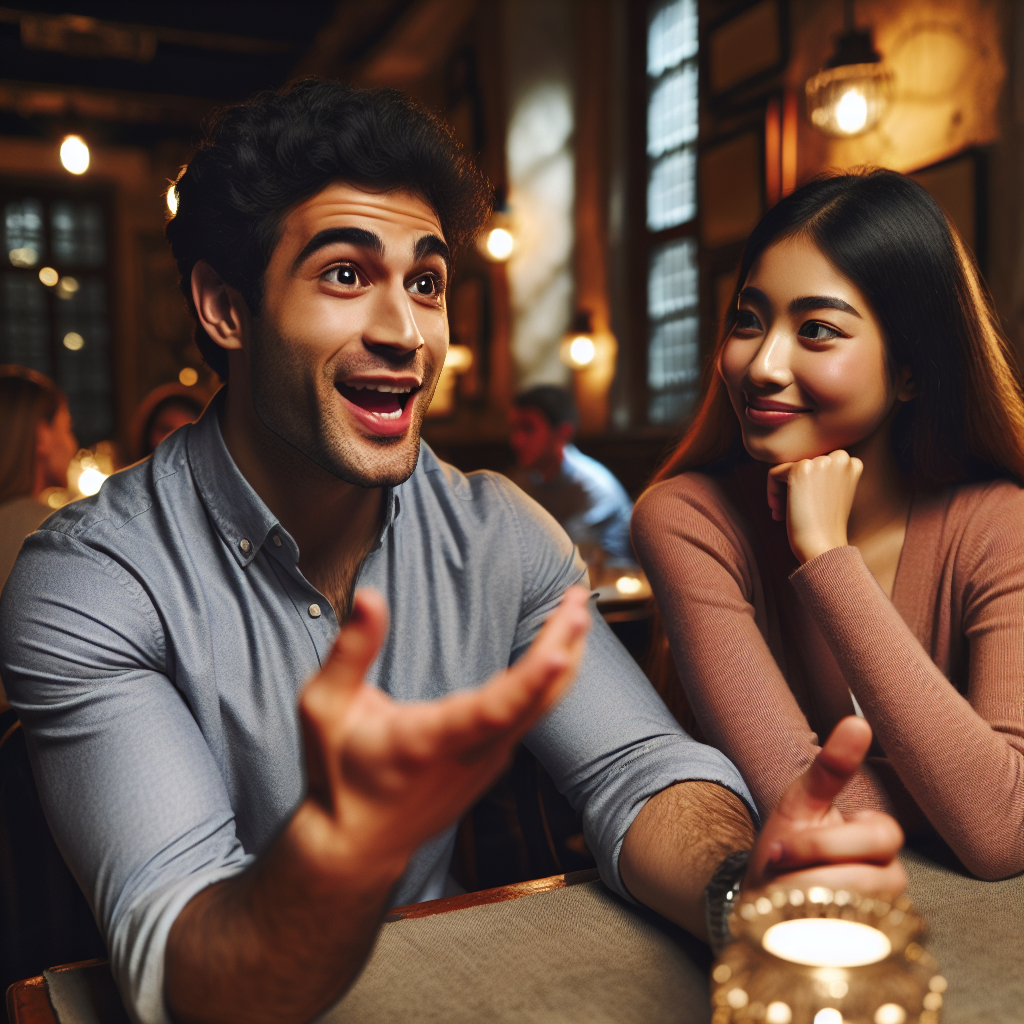 A young couple on a first date, sitting at a cozy café. One person is sharing personal stories with an expressive face, while the other listens intently. The setting is warm and intimate, with soft lighting and subtle décor.