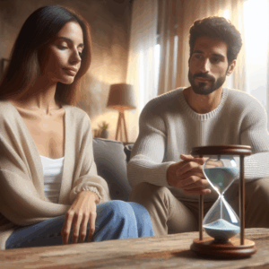 A serene couple sitting on a cozy living room sofa, calmly discussing. Soft, warm lighting with a subtle hourglass in the foreground symbolizing the passage of 24 hours. A peaceful and harmonious atmosphere.