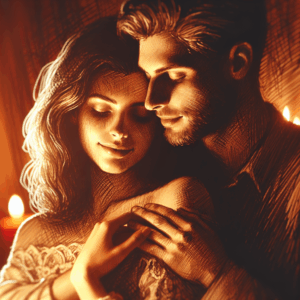 A tasteful and artistic illustration of a couple engaged in the intimate position 68, with a focus on ambiance that highlights sensuality and mutual pleasure. The setting is cozy and romantic, with warm lighting creating an intimate atmosphere.