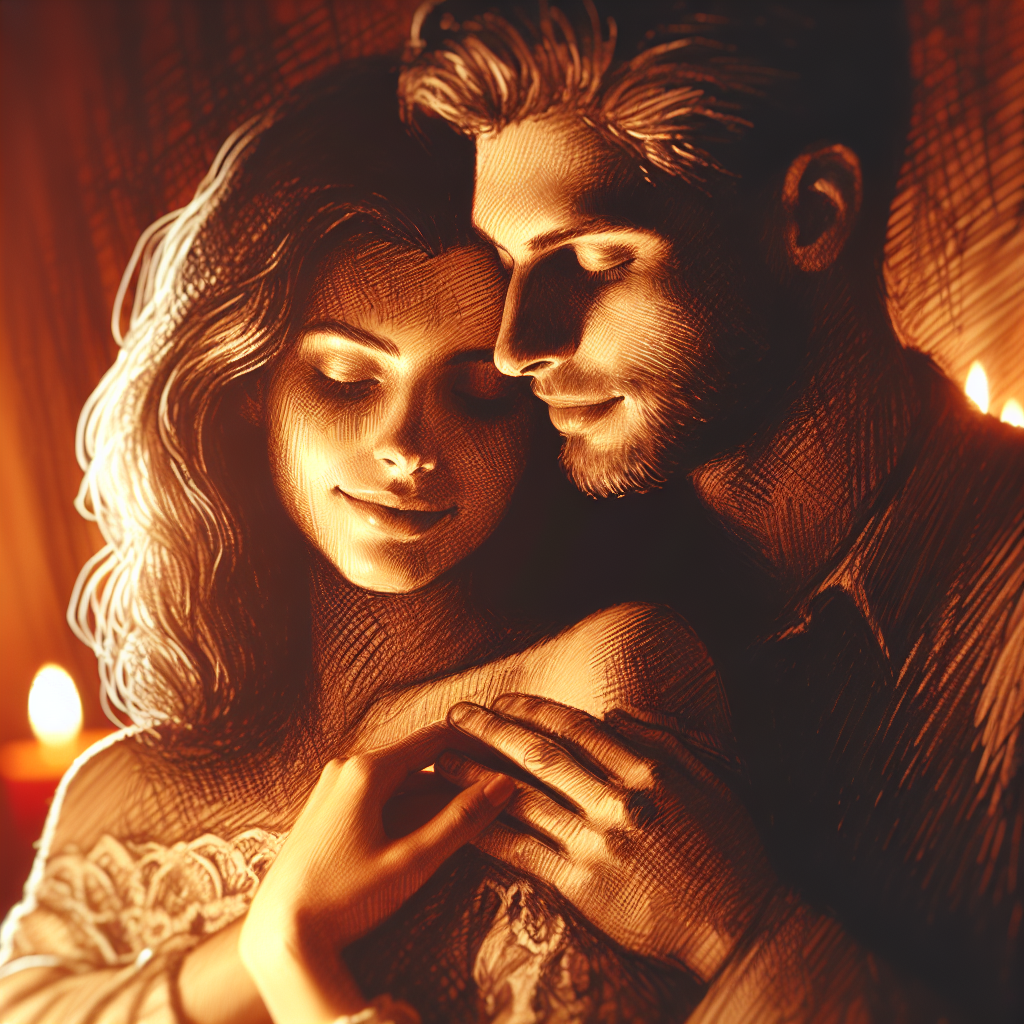 A tasteful and artistic illustration of a couple engaged in the intimate position 68, with a focus on ambiance that highlights sensuality and mutual pleasure. The setting is cozy and romantic, with warm lighting creating an intimate atmosphere.
