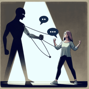 An evocative illustration of a person confidently confronting a shadowy figure representing manipulation, with speech bubbles showing empowering responses.