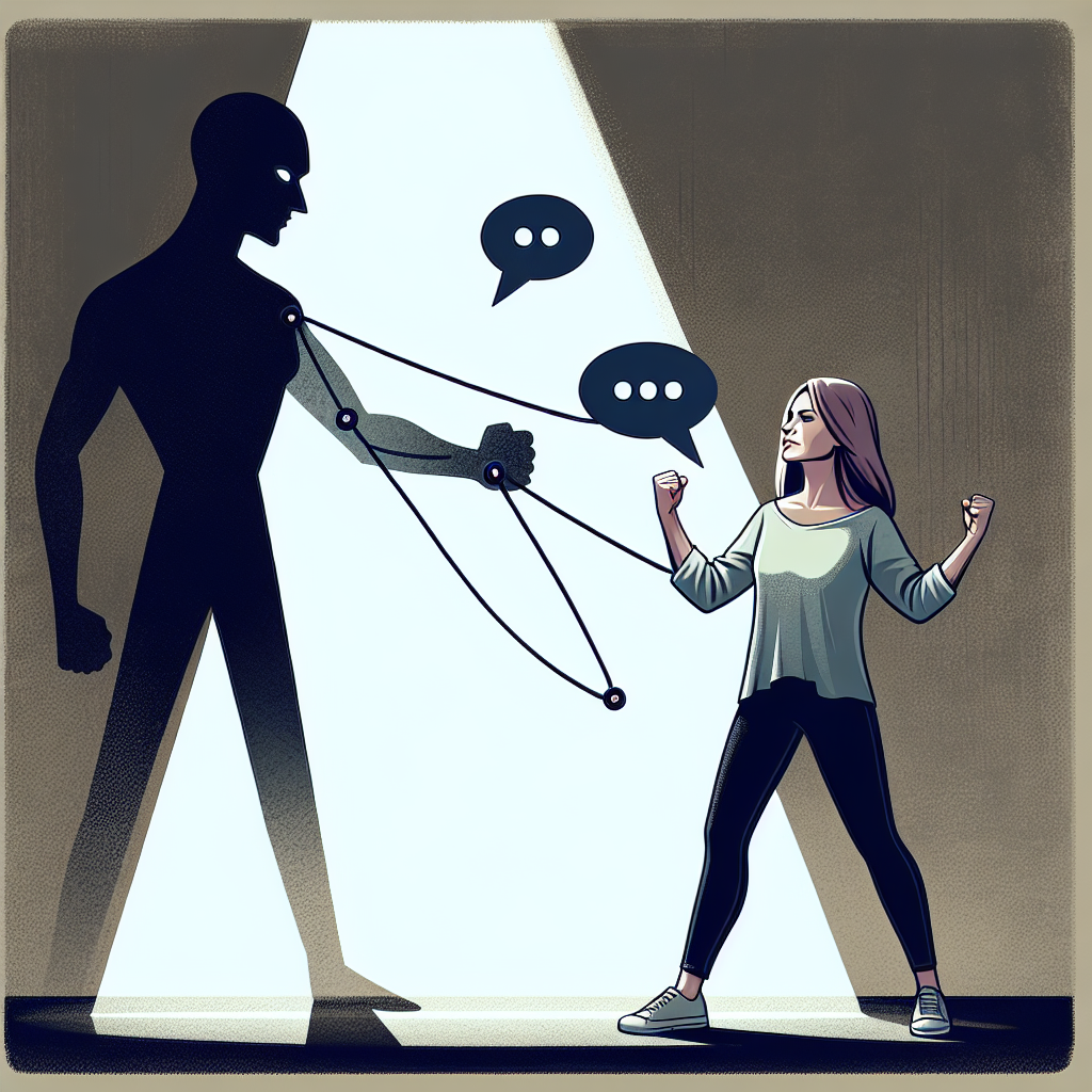 An evocative illustration of a person confidently confronting a shadowy figure representing manipulation, with speech bubbles showing empowering responses.