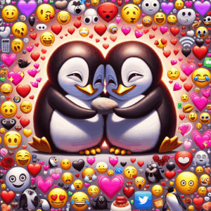 Two penguins in love, holding small pebbles in their beaks with hearts around them, surrounded by digitally-inspired elements like memes, smiling emojis, and text bubbles, symbolizing digital communication in relationships.