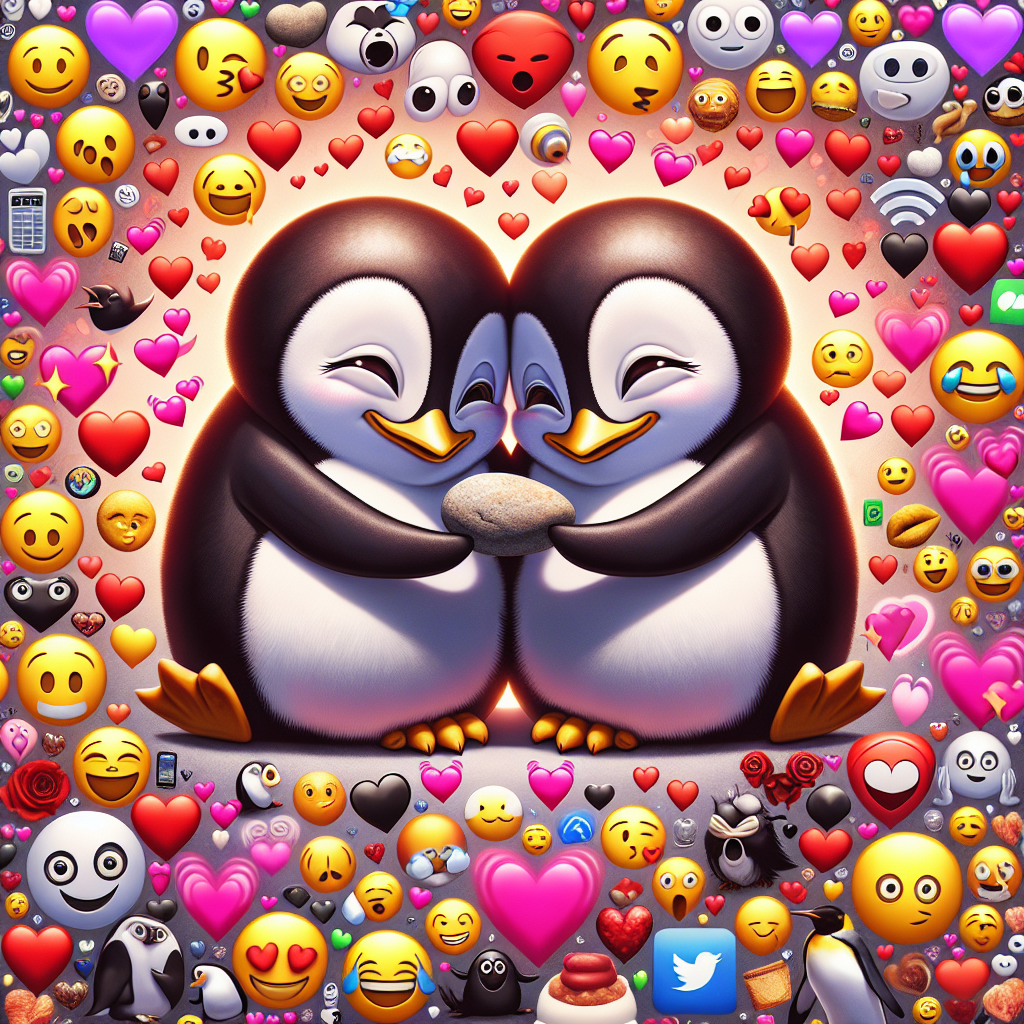 Two penguins in love, holding small pebbles in their beaks with hearts around them, surrounded by digitally-inspired elements like memes, smiling emojis, and text bubbles, symbolizing digital communication in relationships.
