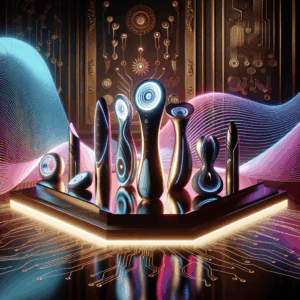 An elegant and modern composition showcasing futuristic and innovative sex toys with sleek designs, vibrant colors, and dynamic lighting. The setting includes tech elements such as circuit patterns, symbols of innovation, and a luxurious background to highlight the sophistication and functionality of these products.