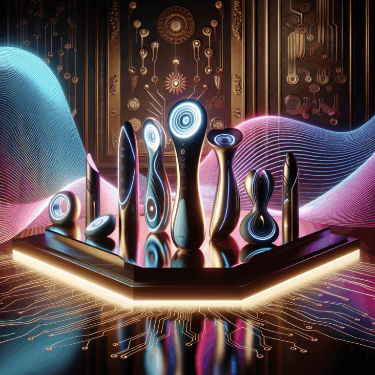 An elegant and modern composition showcasing futuristic and innovative sex toys with sleek designs, vibrant colors, and dynamic lighting. The setting includes tech elements such as circuit patterns, symbols of innovation, and a luxurious background to highlight the sophistication and functionality of these products.