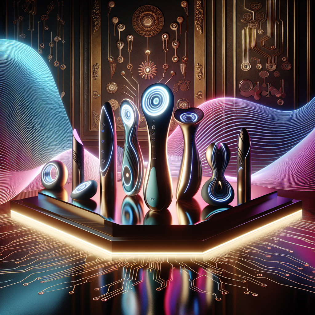 An elegant and modern composition showcasing futuristic and innovative sex toys with sleek designs, vibrant colors, and dynamic lighting. The setting includes tech elements such as circuit patterns, symbols of innovation, and a luxurious background to highlight the sophistication and functionality of these products.